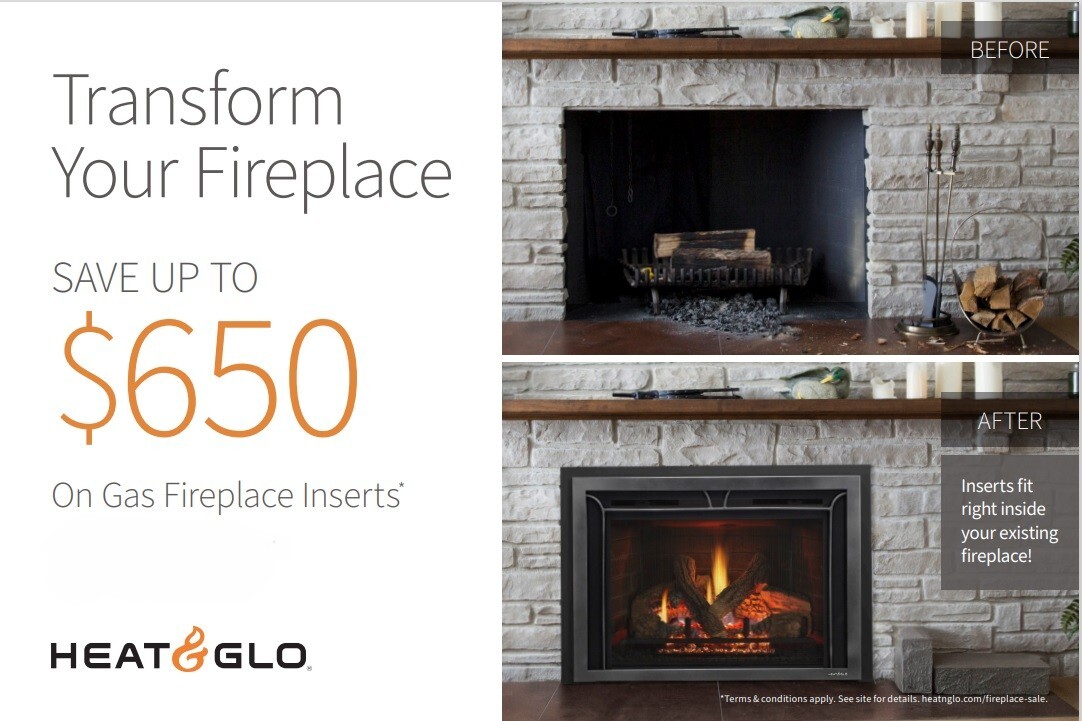 Heat & Glo gas fireplace insert promotion saving up to $650 on Escape, Supreme, Cosmo, and Provident models.
