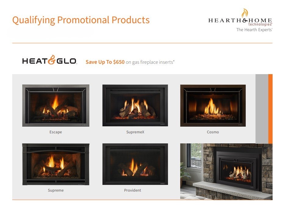 A list of qualifying Heat & Glo gas fireplace inserts for the 2026 sale, including the Escape, Supreme, Cosmo, and Provident models.